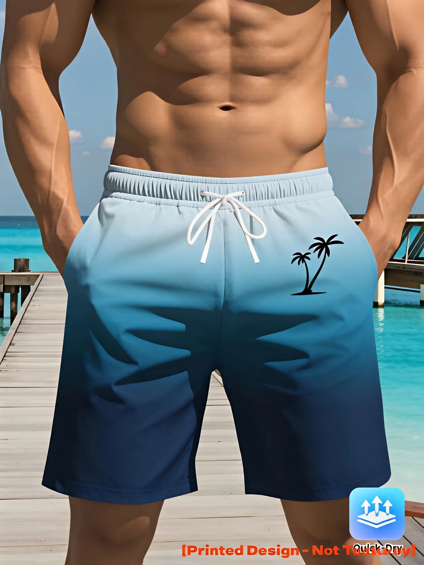 Men's Quick-Dry Coconut Tree Print Beach Shorts, Non-See-Through, Ideal for Surfing and Vacation, Summer Outdoor Activities