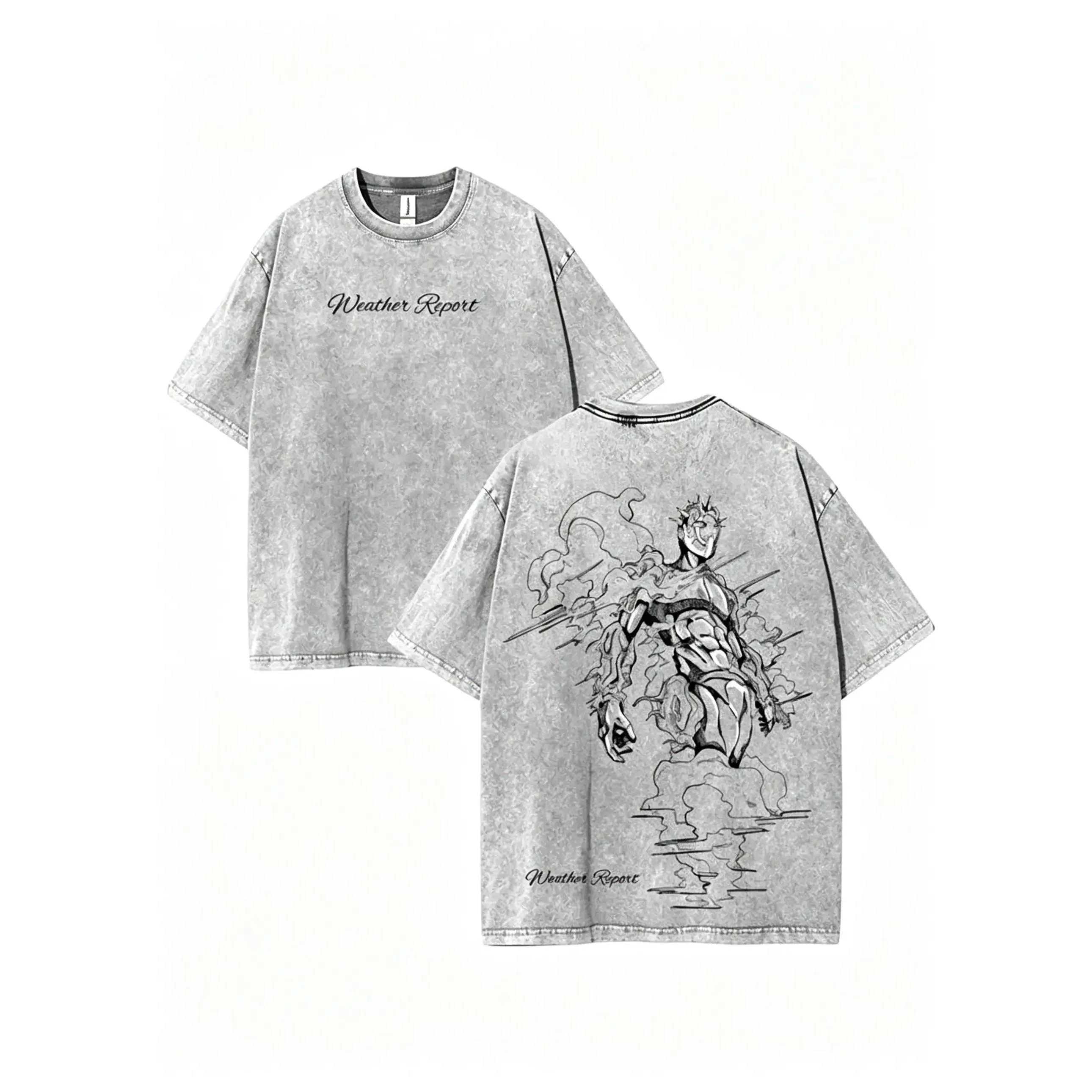 Men's JoJo’s Bizarre Adventure Weather Report Vintage Oversized Washed Cotton Graphic Tee - Menswear Casual Male Clothing Top, Unisex Short-Sleeve Tropical Crewneck Streetwear Gift for Anime Manga Fans