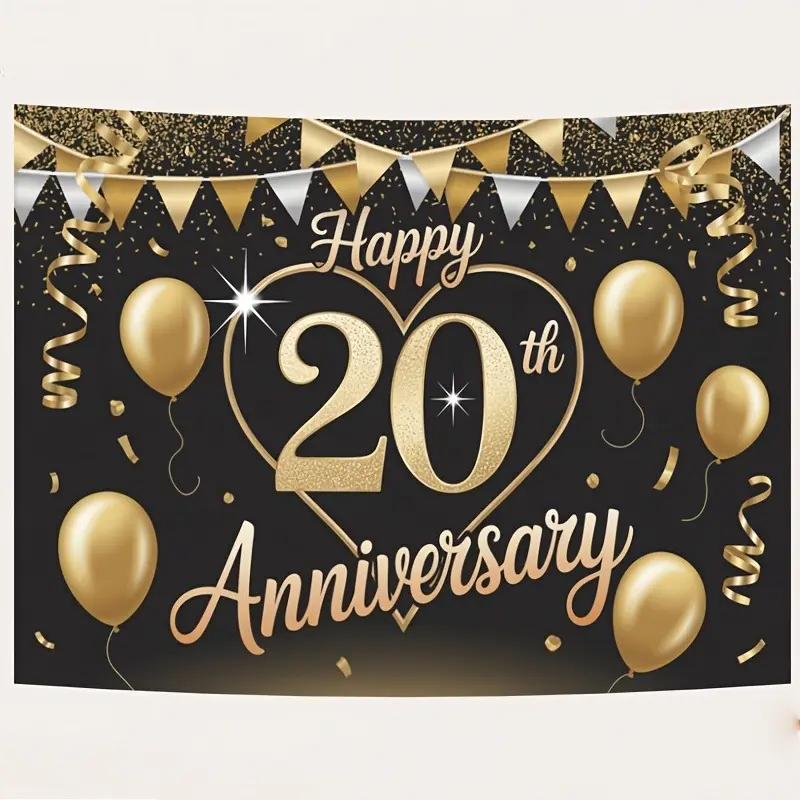 20th Anniversary Rectangular Synthetic Balloon Print Tapestry, Lightweight Polyester Durable Wall Hanging, Golden Confetti Prints Backdrop for Elegant Birthday, Baby Shower Room Decor, Indoor Outdoor Photo Background