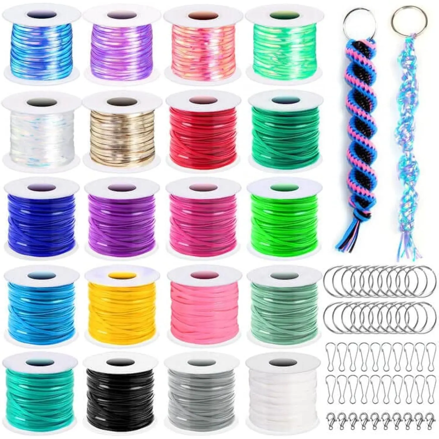 Boondoggle Lanyard String Kit with 20 Rolls Plastic Lacing Cord and 50Pcs Keychain Lanyard Accessories, Gimp String Weaving Kit for Keychain Crafts, Bracelet and Lanyards