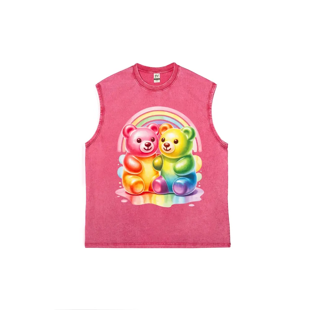 Gender-Neutral Gummy Bear Print Washed Sleeveless Tank Top | Unisex Graphic Candy Muscle Vest | Soft Cotton Blended Summer Streetwear