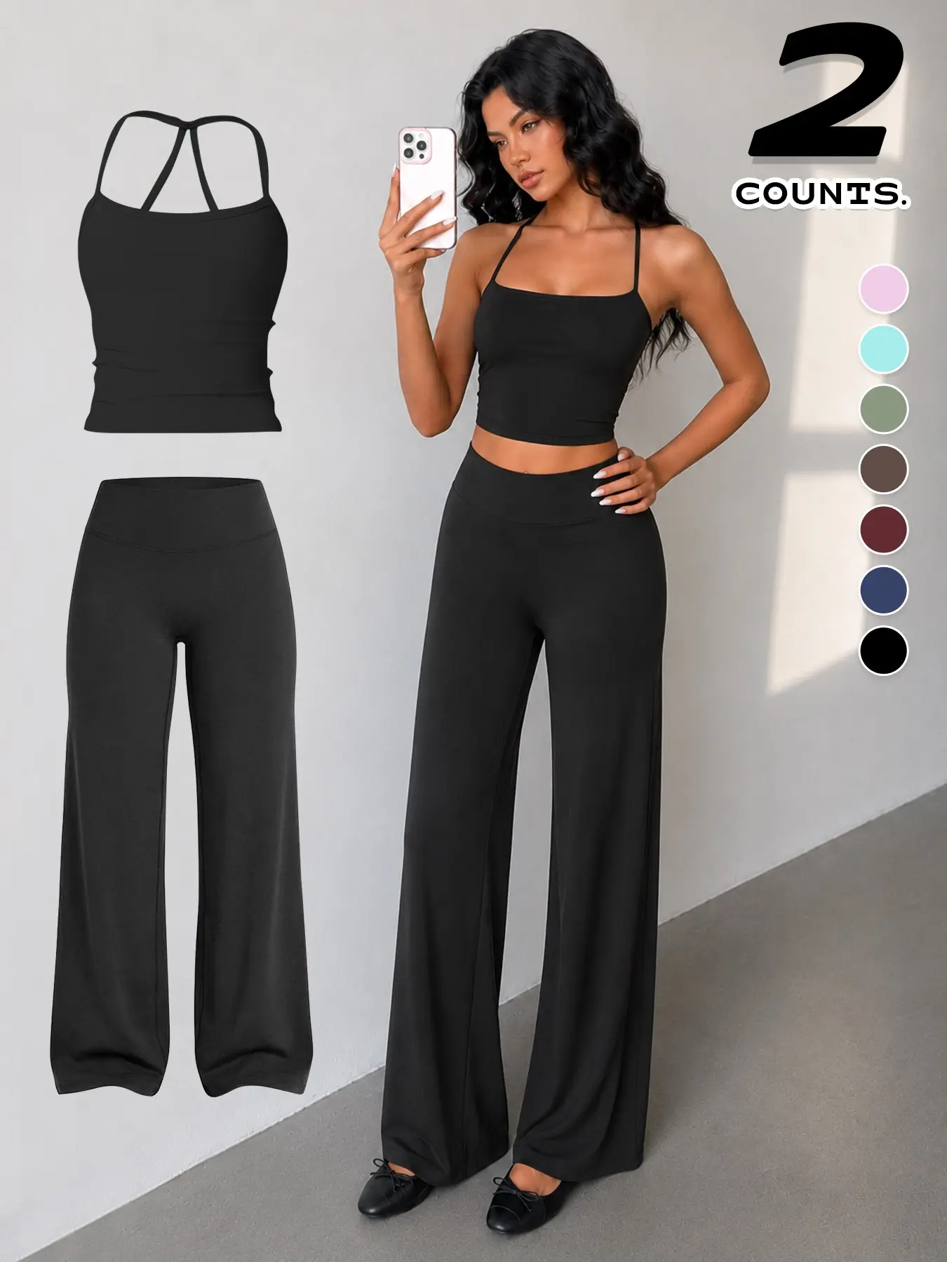 Women's 2-Piece Yoga Set, Ruched Activewear, Tight-Fitting Cinched Back Sports Bra, High-Elasticity High-Waist Flowy Micro-Flare Yoga Pants