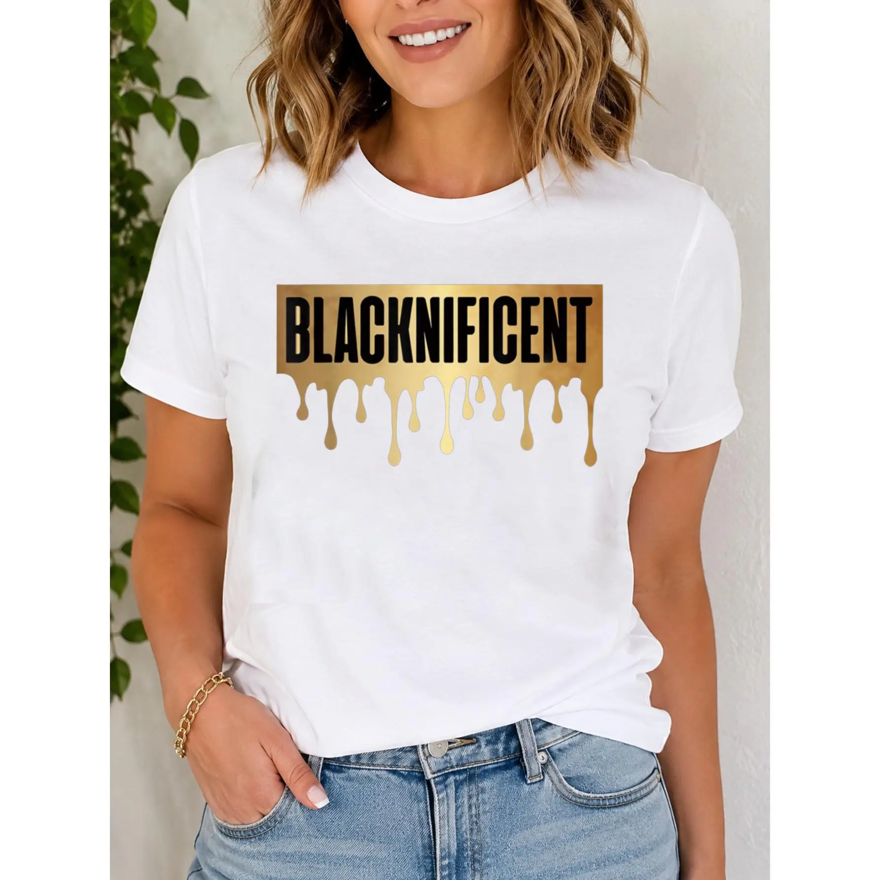 "Blacknificent" Gold Drip Graphic White Tee | Casual Women's Shirt | "Blacknificent" Gold Drip Tee | Black Pride Casual White T-Shirt | Empowering "Blacknificent" Tee | Casual Everyday Wear White Graphic Shirt