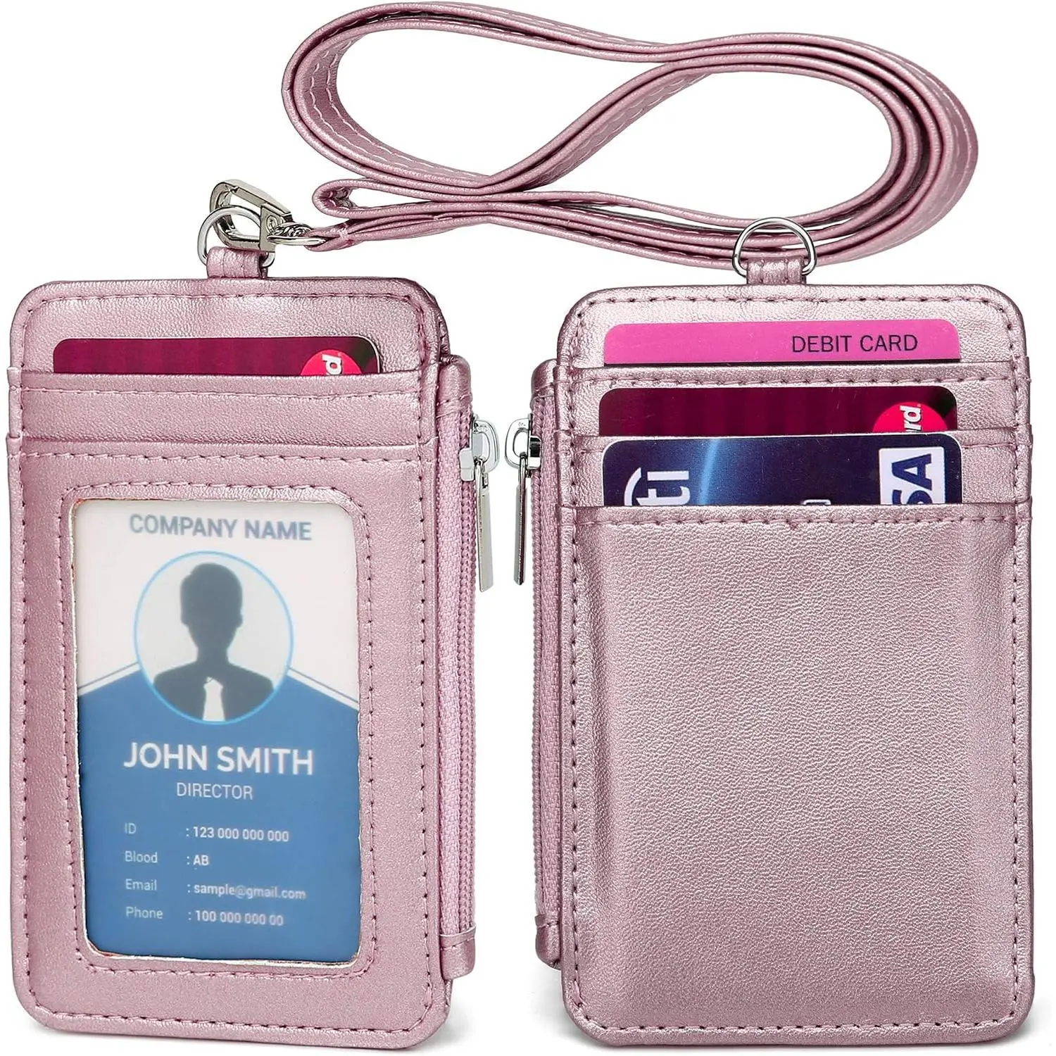 ID Badge Holder with  Lanyard PU Leather ID Badge Wallet Case with 1 ID Window, 4 Card Slots, 1 Side Zipper Pocket