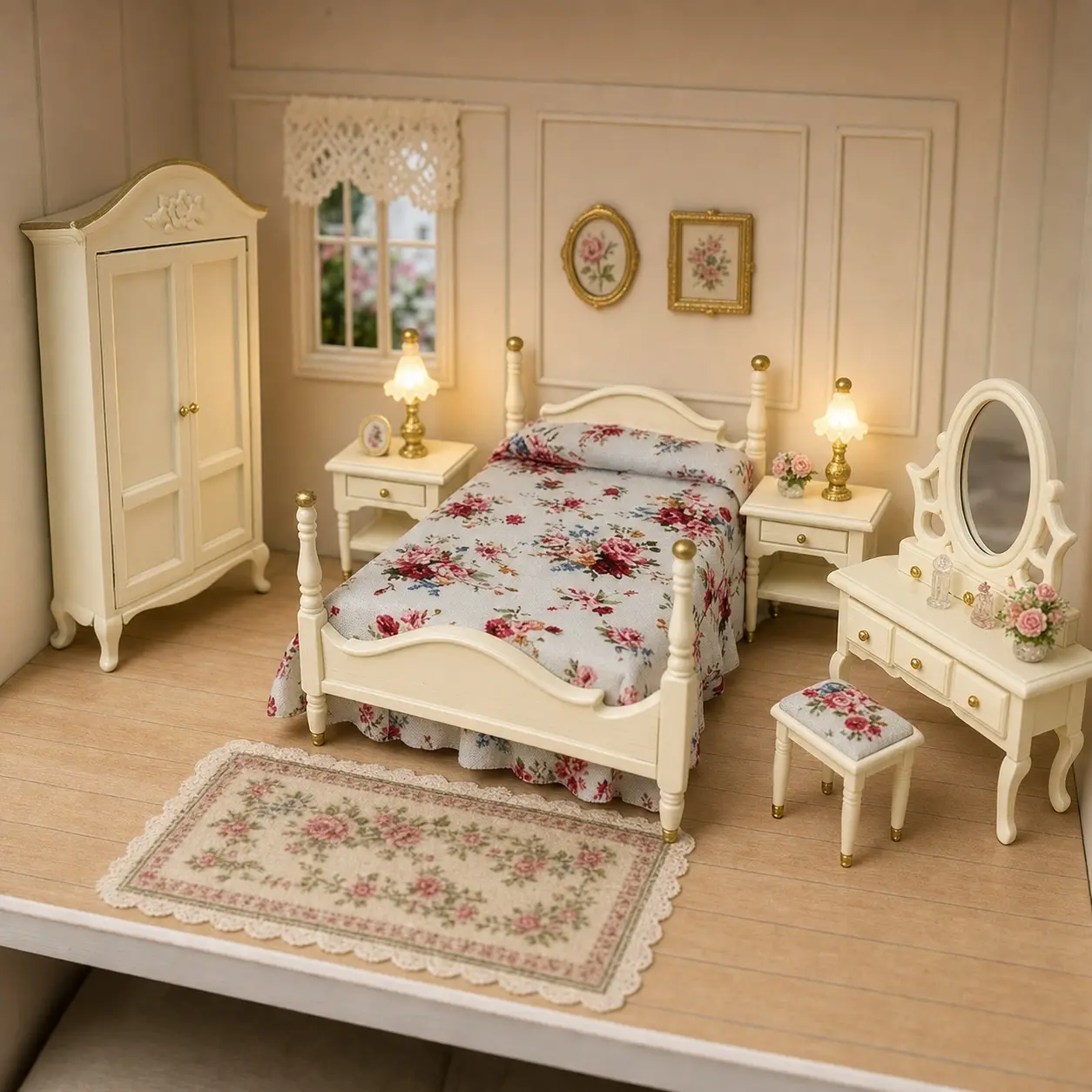 1:12 Scale Miniature Dollhouse Bedroom Furniture Set, 6-Piece Cream Bed, Wardrobe, Vanity, Stool and Two Nightstands