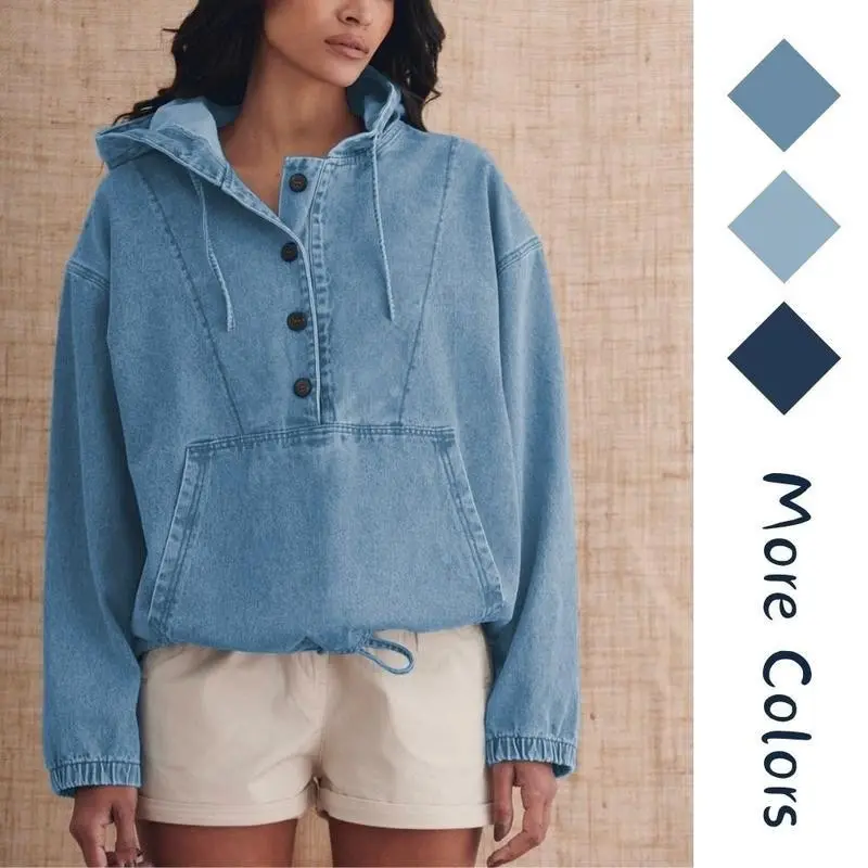 Women's Denim Hoodie Jacket Lightweight Button Up Jean Pullover with Drawstring Hood Casual Long Sleeve Sweatshirt