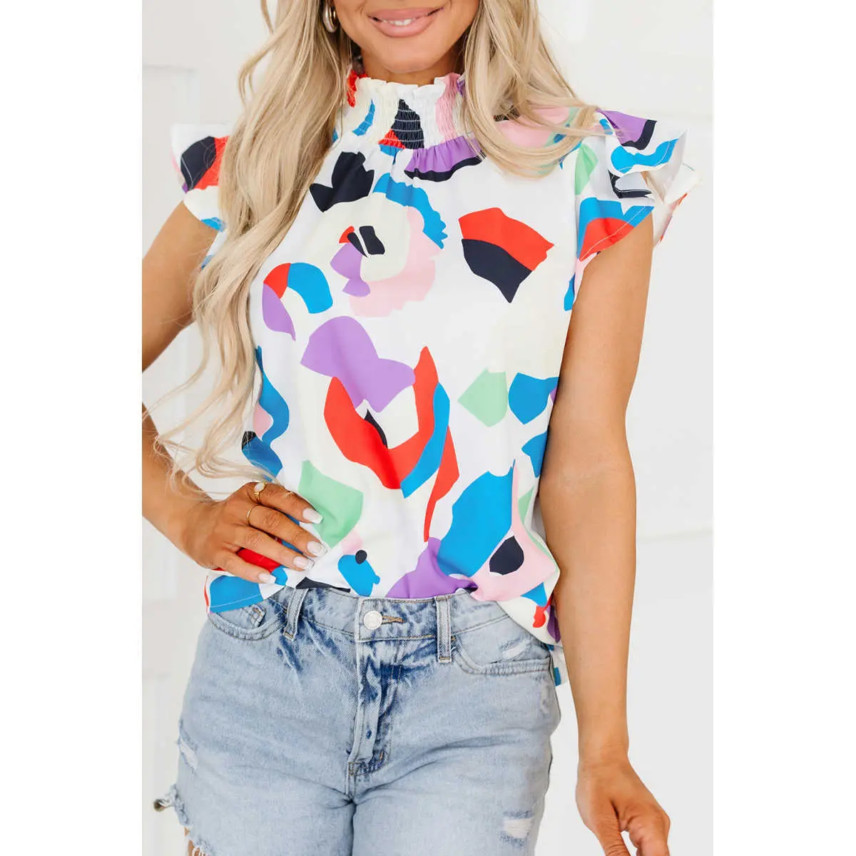 Women's Modest Feminine Lightweight Casual Multicolor Abstract Print Ruffle Sleeve Smocked Top Blouse, Fabric, High Neck, Round Neck, Shirts, Warmer, Jacket, Warm Weather