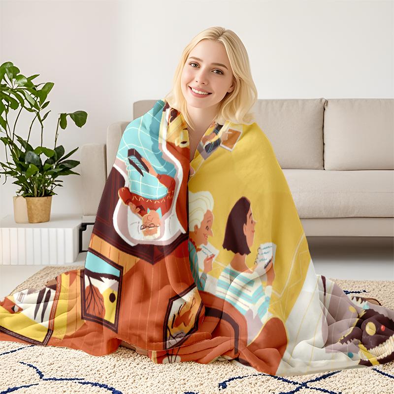 Soft Flannel Throw Blanket, Cozy Christmas Family Gathering Illustration Art Blanket, Warm Retro Holiday Home Scene Blanket for Couch Bed, Aesthetic Family Christmas Decorative Blanket Gift for Home & Travel
