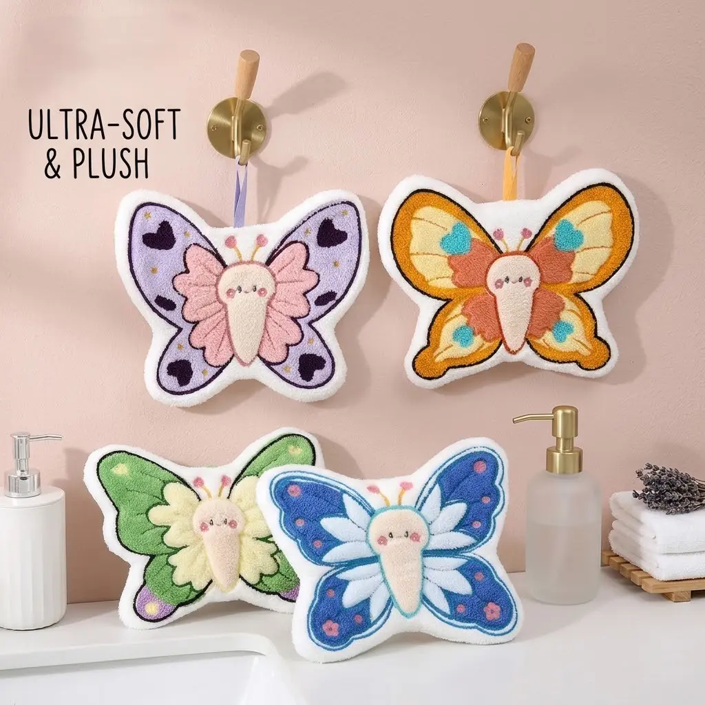 Cozy Aesthetic Butterfly Hand Towel 4-Pack, Ultra Absorbent & Thick Chenille Bathroom Towels with Hanging Loop, Cute Soft Washcloth for Kitchen Decor & Gift
