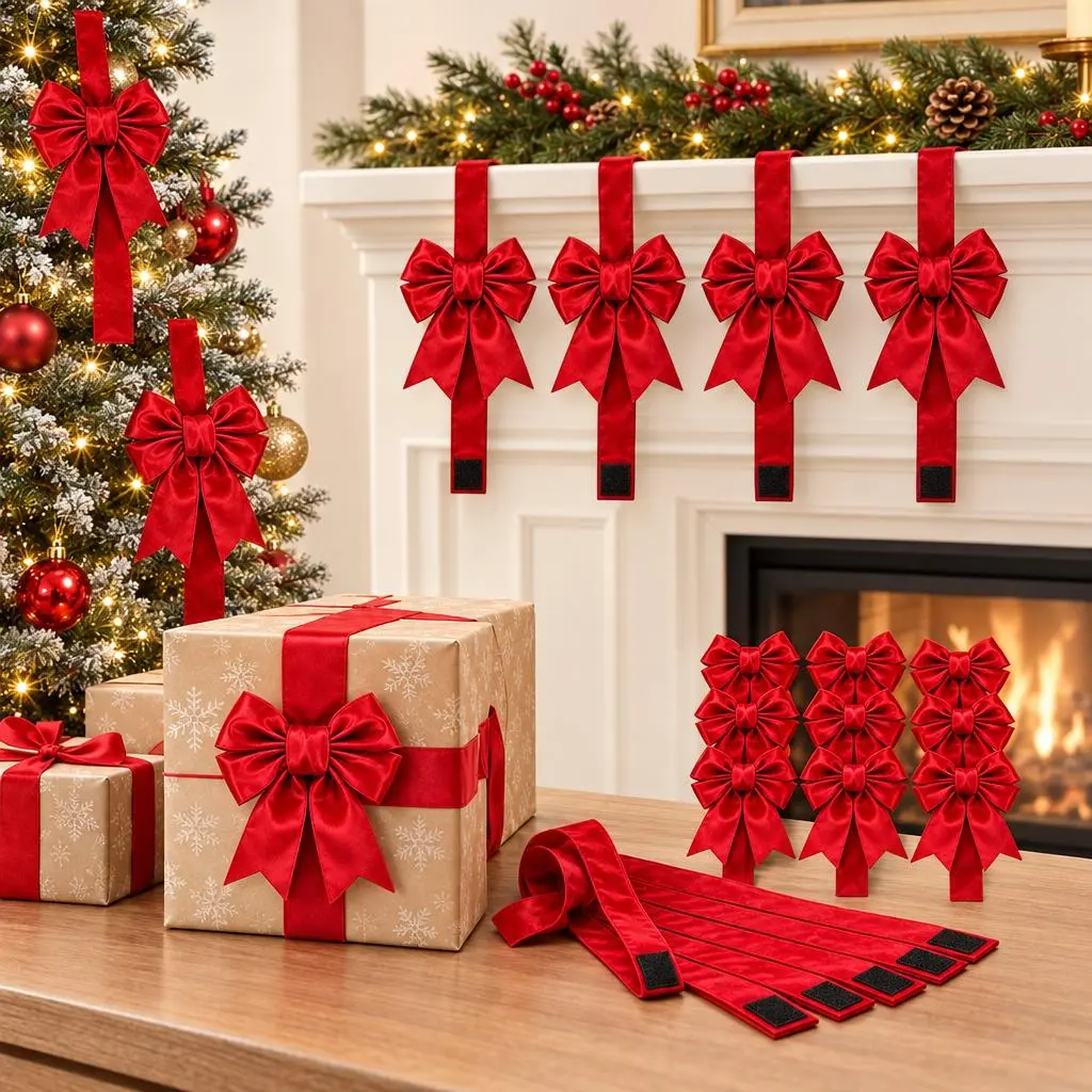 8Pcs Red Christmas Cabinet Ribbon Bows, Xmas Door Knob Handle Decor, Festive Home Kitchen Cabinet Ornaments, Holiday Party Decoration Supplies Set