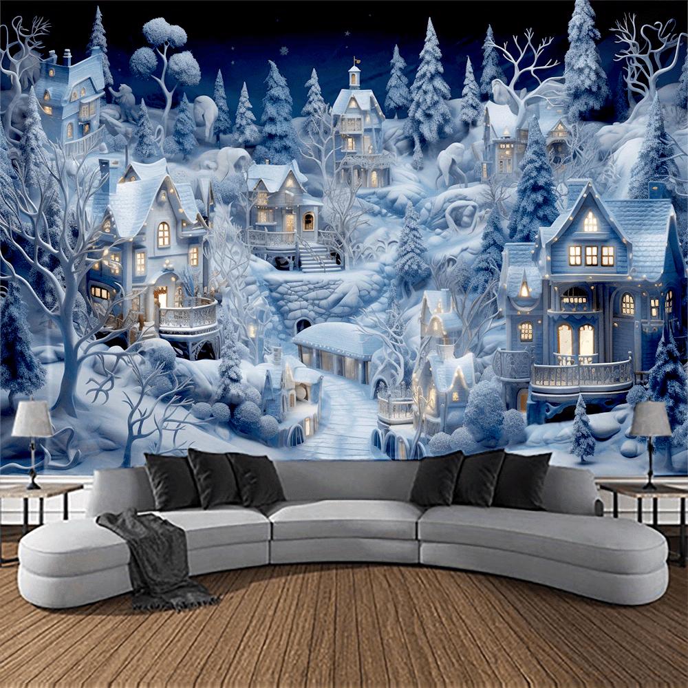Winter Wonderland 3D Wall Tapestry, Cozy Snow Scene Holiday Backdrop, Transform Your Living Room with Festive Aesthetic for Christmas & New Year Decor