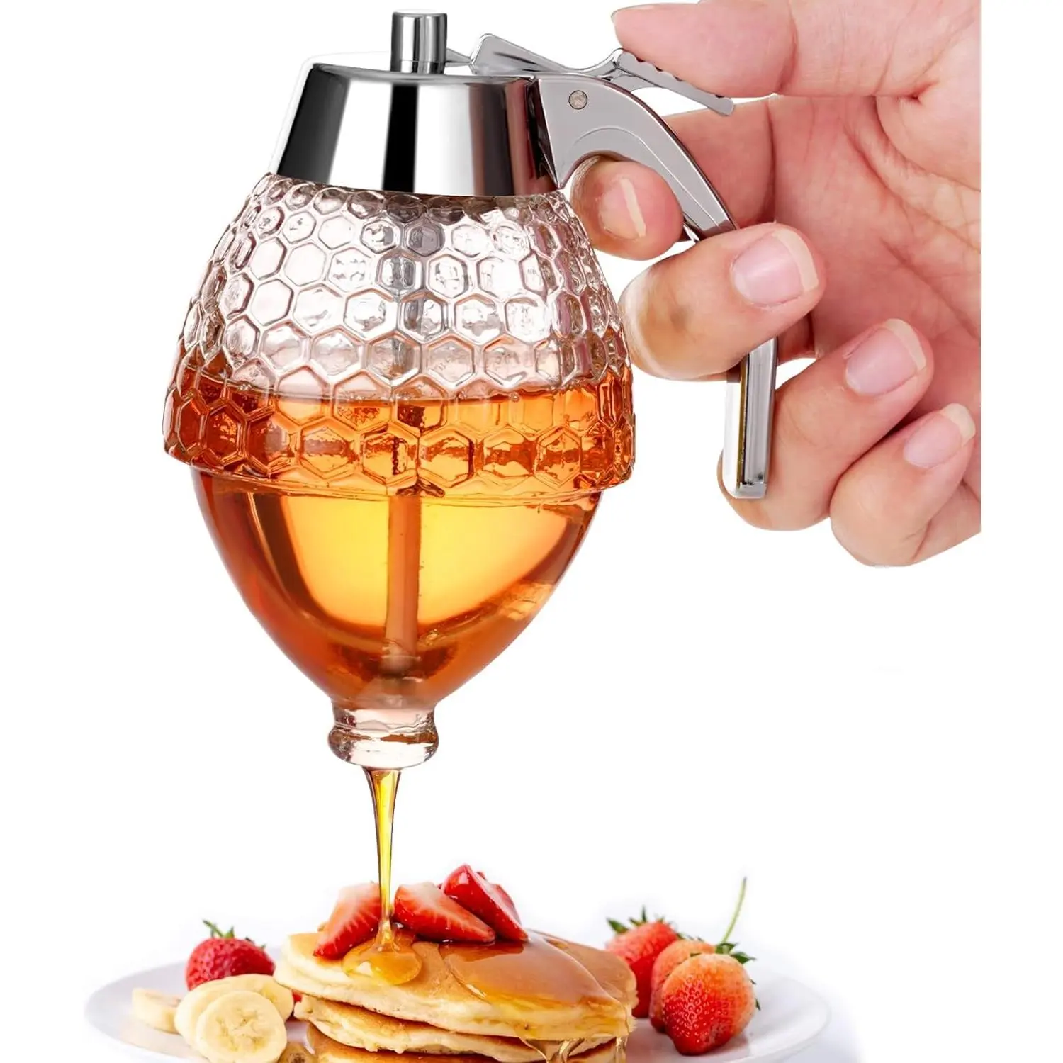 8oz No-Drip Glass Honey Dispenser with Stand - Elegant Honeycomb Jar for Tea, Gifting - Multi-Use Container for Coffee Syrup, Maple Syrup