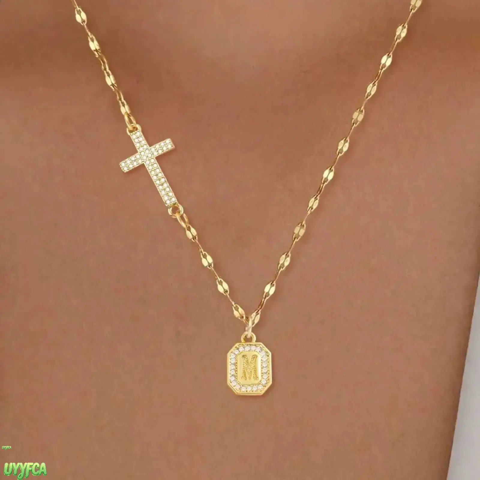 Women's Dainty Pave Cubic Zirconia Initial Necklace - Gold-Tone Stainless Steel Lip Chain, 26 Letter Cross Initial Options, Hypoallergenic Sideways Pendant, Adjustable Extender, Religious Faith Jewelry for Daily Church Outing Gift, Initial Necklaces