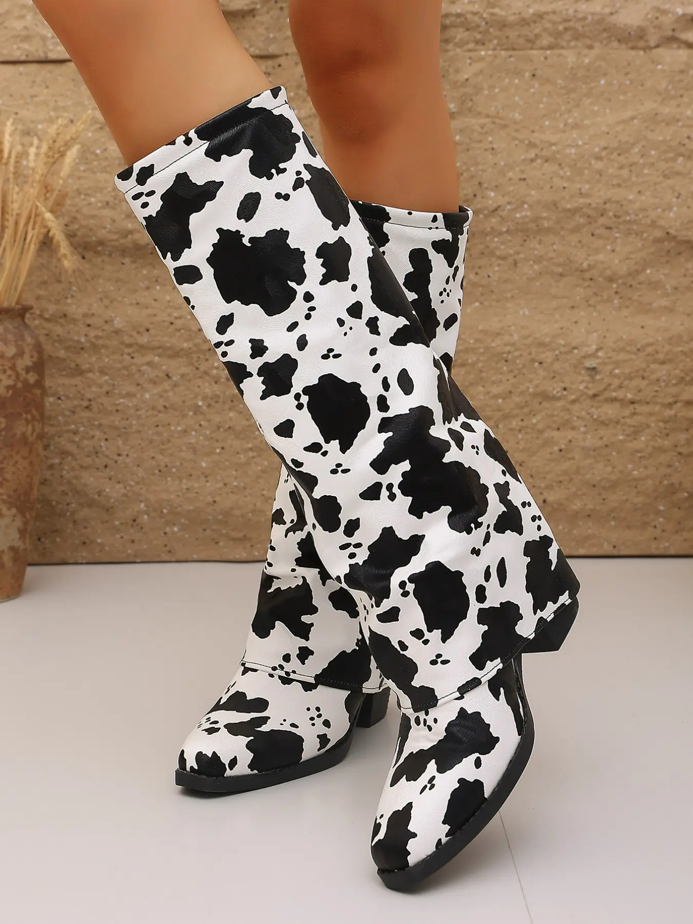 Unique Cow Print Western Boots, Lazy Stack Design, Easy Leg Line Correction, Convenient Bootie Style, Trendy Personality, Commute & Travel Ready