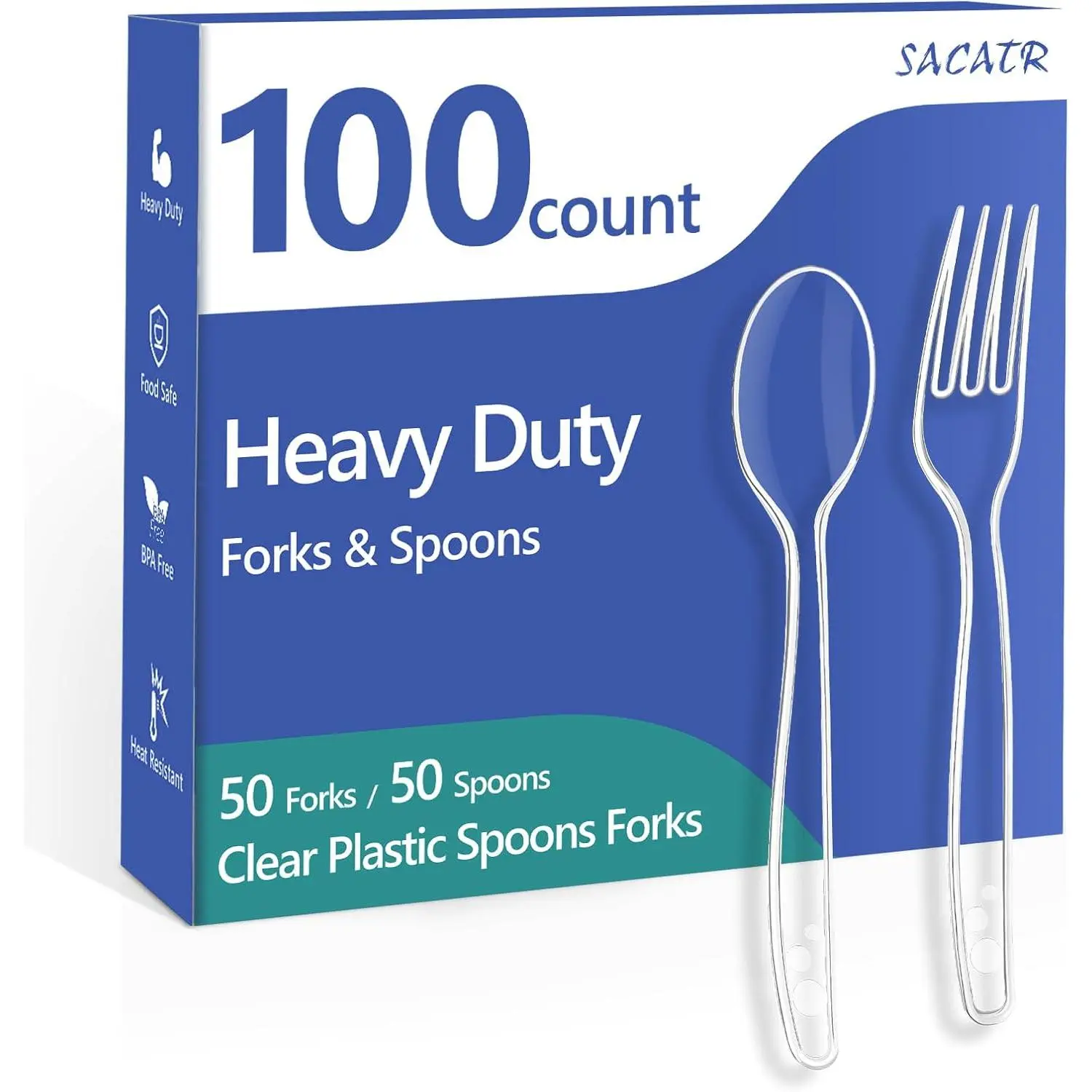 100 Count Clear Plastic Silverware Heavy Duty -50 Forks, 50 Spoons | , Heat Resistant, Disposable Plastic Cutlery Set, Plasticware Bulk for Party