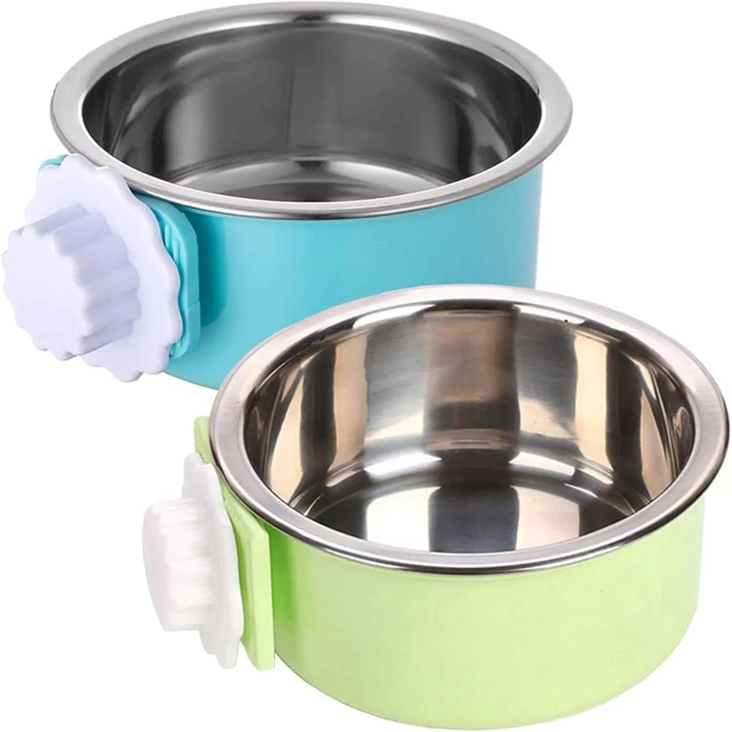 Crate  Bowl, Removable Stainless Steel   Kennel Cage Bowl  & Water Feeder Coop Cup for Puppy, , , Guinea Pigs Ferret Bird (2 PCS, Size: M, Blue and Green)
