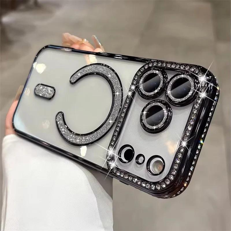 High-grade Glitter Rhinestones Phone Case For iPhone 17 16 15 11 12 13 14 Pro Max Plus Magsafe Magnetic Clear Lens Protect Cover
