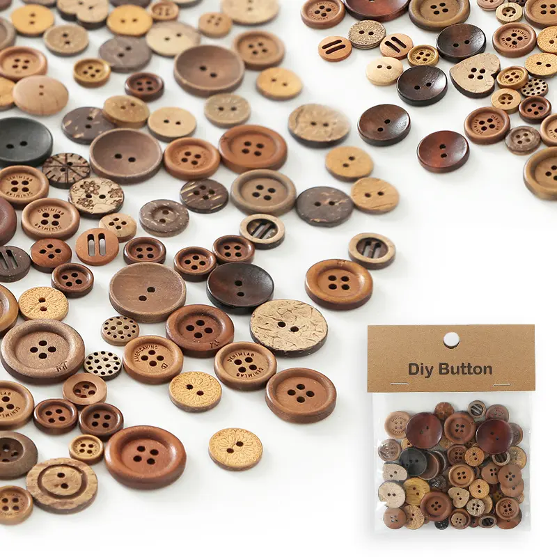 Mixed Sizes Natural Wooden Coconut Buttons, Vintage Decorative DIY Sewing Craft Supplies