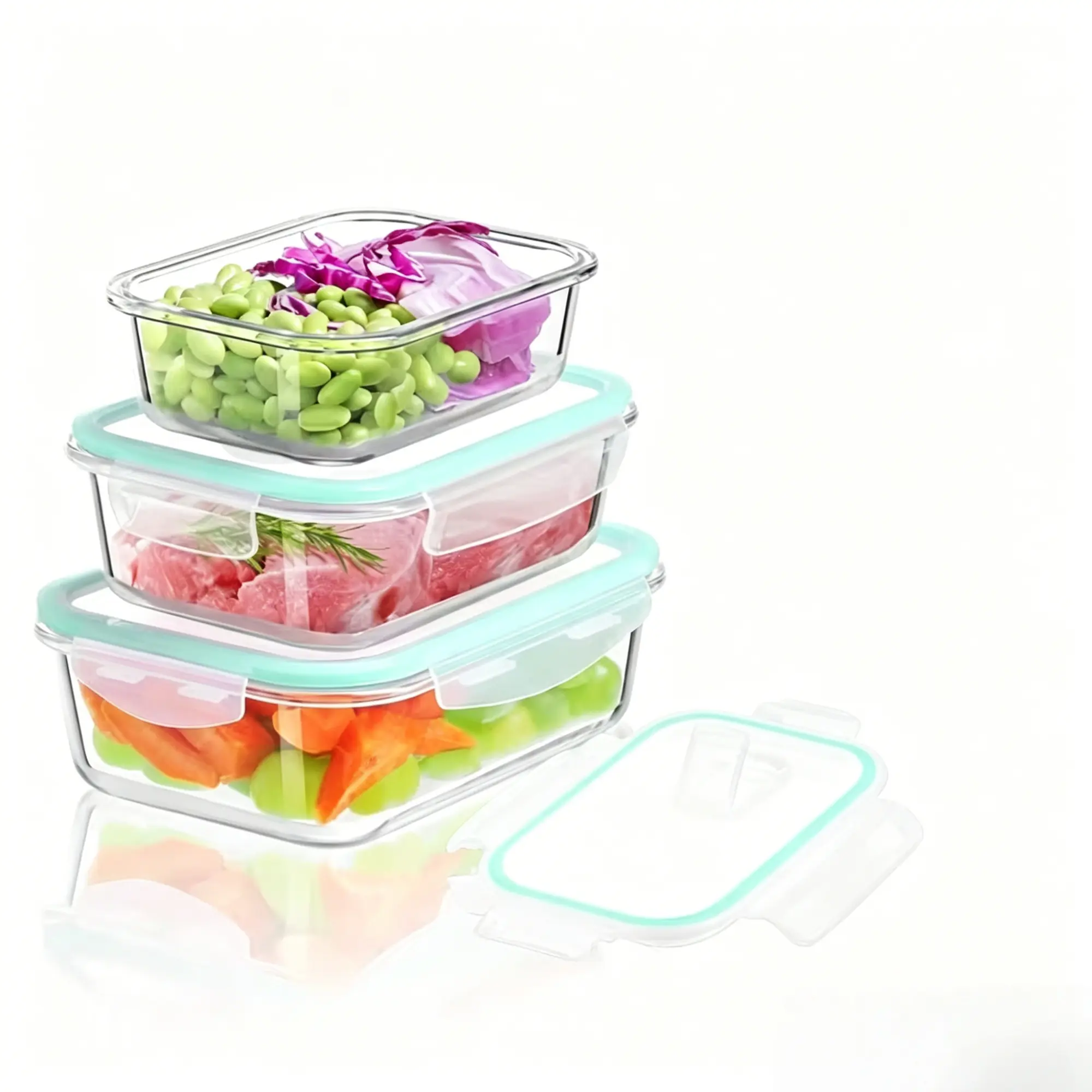 3-Piece Glass Bento Box Set – High Borosilicate Glass Lunch Containers with Snap-Lock Sealing Lids, Microwave-Safe Baking Dishes, Dishwasher-Safe Glass Food Storage Containers, Rectangular Meal Storage Boxes for Students and Office Workers