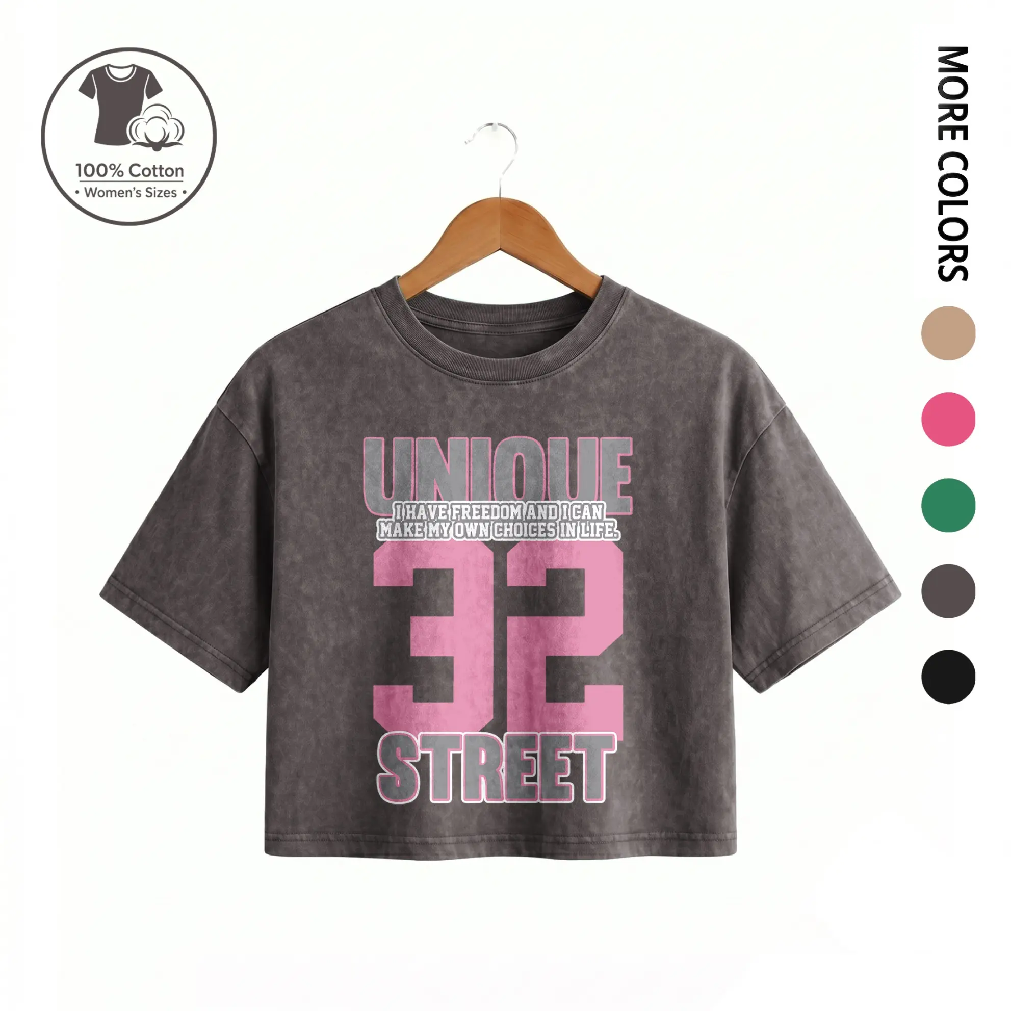 Women’s Acid Wash Vintage “UNIQUE 32 STREET” Graphic T-Shirt, Garment Washed Cotton Slim Fit Streetwear Tee, Soft Breathable Summer Casual Top for Daily Wear and Urban Outfit Styling