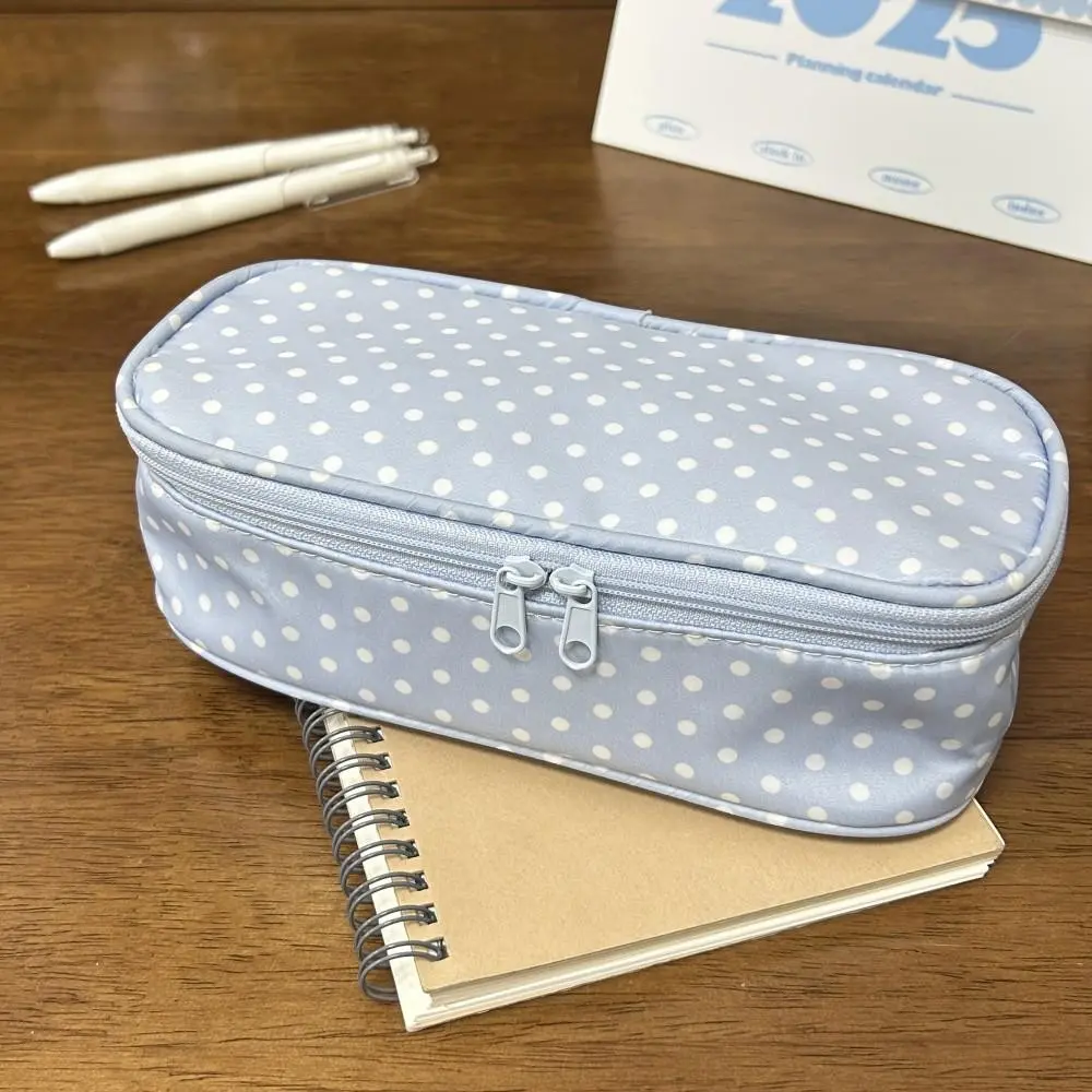 Girls' Light Blue Polka Dot Zipper Closure Pencil Case, Soft Fabric Stationery Pouch, Cute Korean Design, Ideal for School, Travel, Daily Use