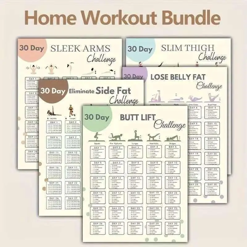 Home Exercise Challenge Poster Set | 5 Fitness Plans, Slim Thigh Challenge, Suitable for Arm, Thigh, Hip, Abdominal Fat and Side Abdominal Fat Exercises, Unframed 10*8 Inches, Ideal Gift for Halloween and Christmas