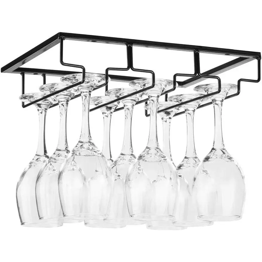 Glass Rack - Under Cabinet Stemware  Glass Holder Glasses Storage Hanger Metal Organizer for Bar Kitchen Black