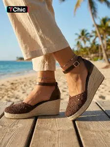 Women's Crochet Lace Woven Wedge Sandals, Casual Trendy Sandals, Breathable Knit Upper, Adjustable Ankle Strap Comfortable Thick Sole Strappy Summer Sandals for Beach Vacation