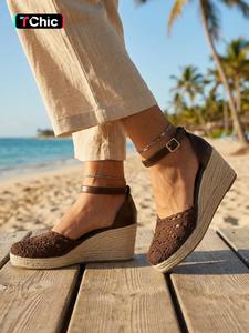 Women's Crochet Lace Woven Wedge Sandals, Fashion Breathable Knit Upper, Adjustable Ankle Strap, Comfortable Thick Sole, Summer Beach Vacation