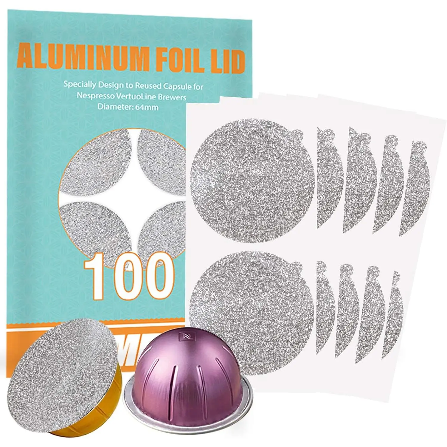 Foils  to Reuse Vertuoline Capsules Coffee Pods Compatible with  VertuoLine Machine 64mm(100/package)