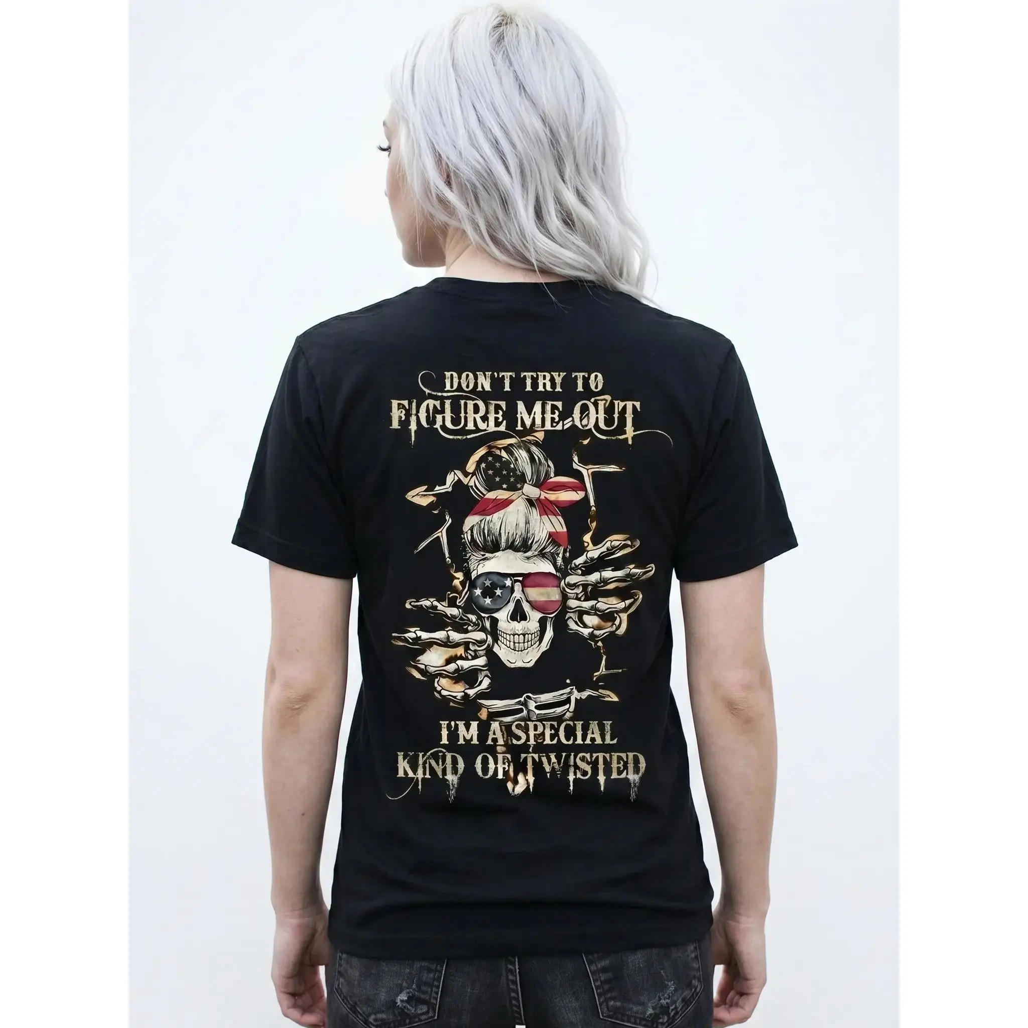 Women's Fitted Short-Sleeve "Don't Try to Figure Me Out" Skeleton Lady Print Casual Fashion Clothes - Aesthetic Tattoo Merch Streetwear Sports Top, Hoodie, Sweatshirt, Nun Top, Vintage Graphic Tees (Mother's Day Option)