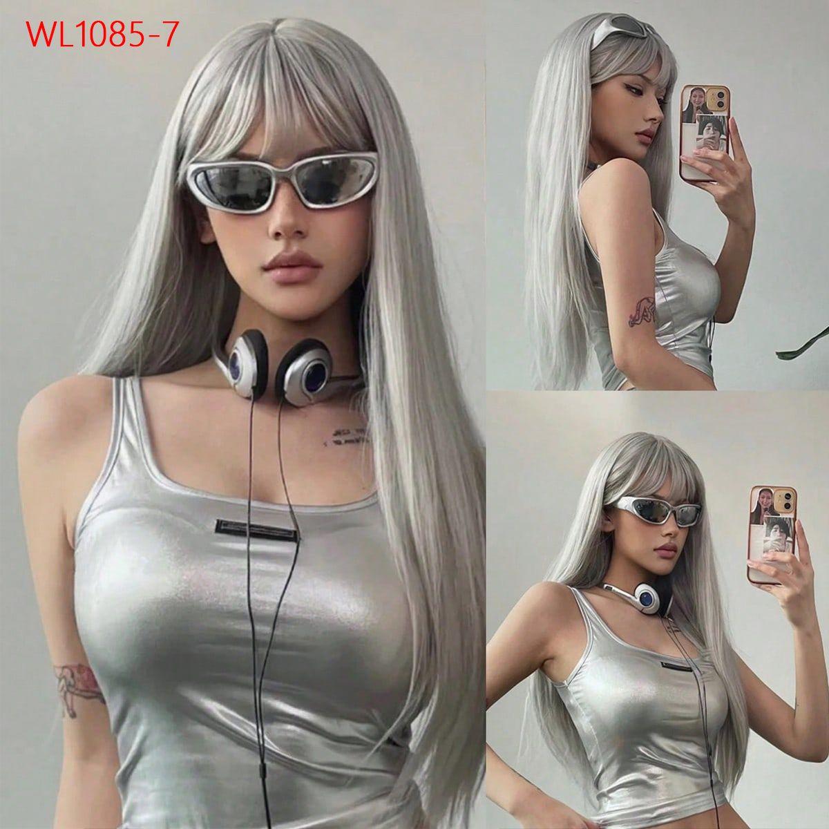 Latest Gray Ombre Straight Hair Wig with Front Fringe High Temperature Synthetic Fiber Easy to Put On Glueless Ventilated European and American Fashion Hair Topper