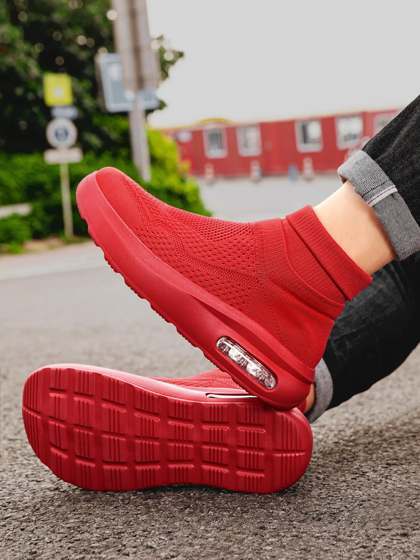 Men Women Solid Purple Elastic Sock Sports Shoes, Breathable Hole Upper Shock Absorb Air Cushion Daily Commute Shoes, Breathable Workout Shoes