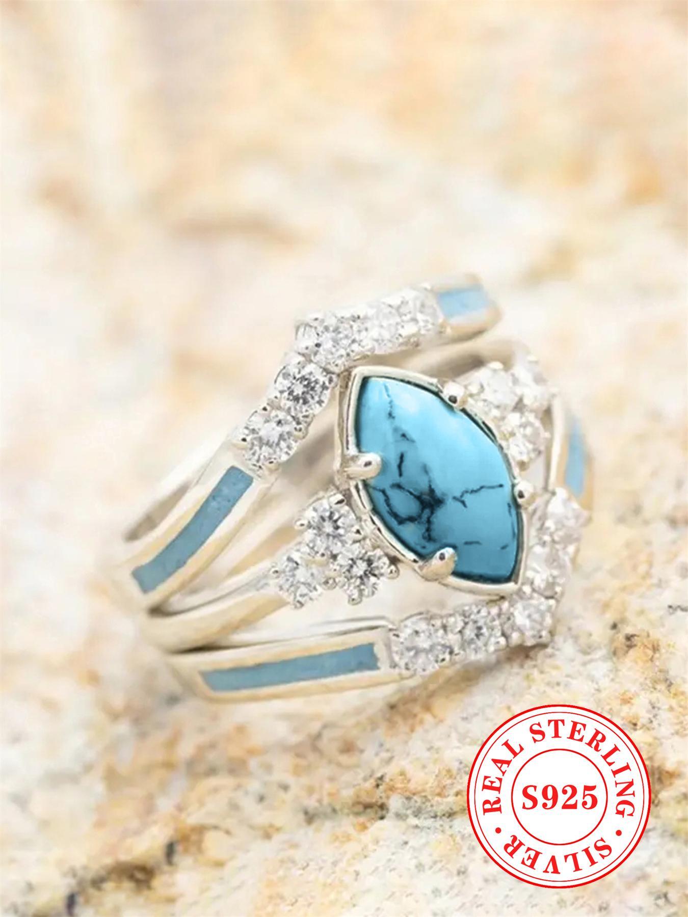 925 Sterling Silver Fashion Turquoise Decor Ring, Fashion Jewelry for Party, Daily Clothing Decor, Trendy All-match & Exquisite Jewelry for Birthday Gift