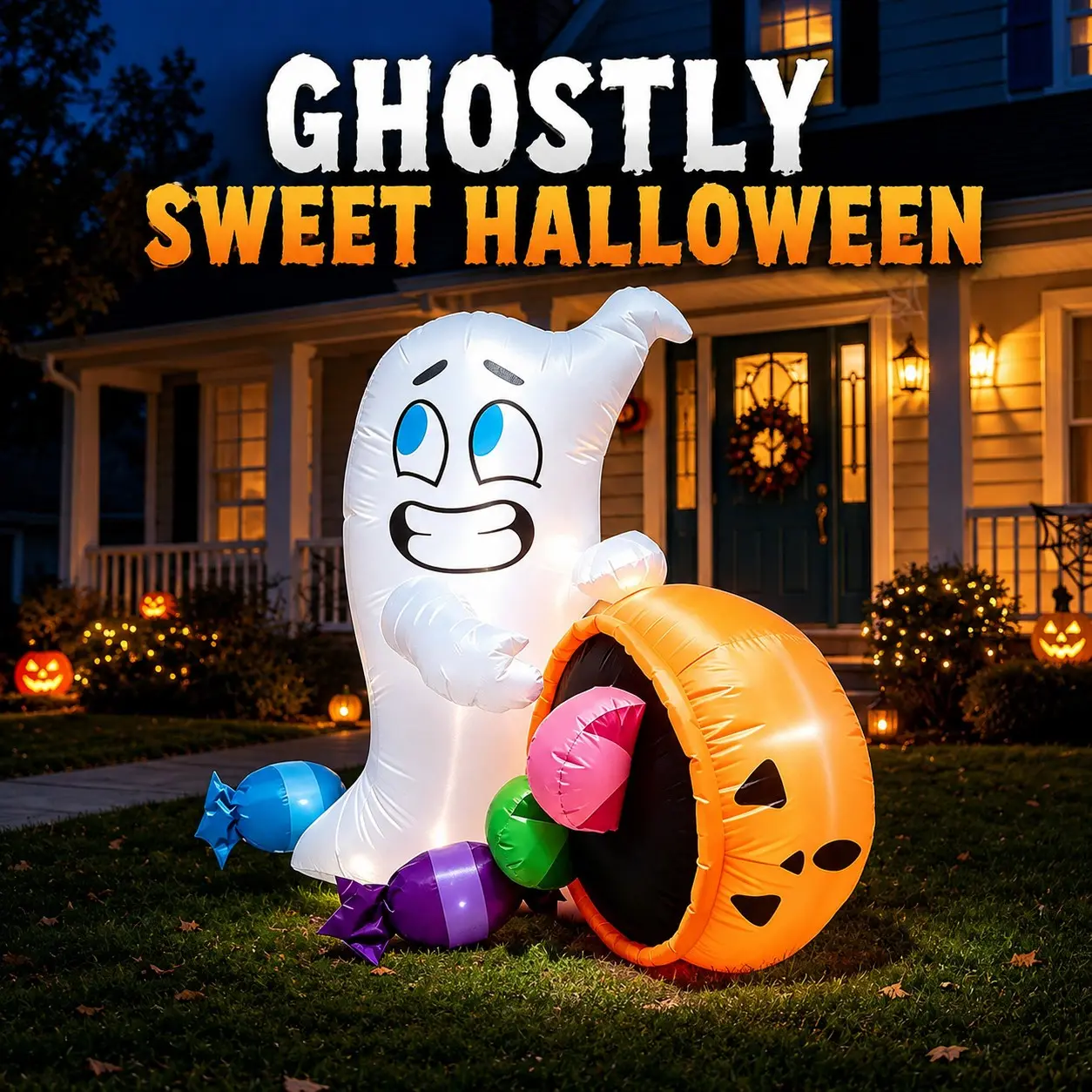1.5m Halloween Inflatable Ghost Pumpkin Candy Bucket, LED Light Outdoor Garden Decoration, Waterproof with Fan, Party Festival Decor