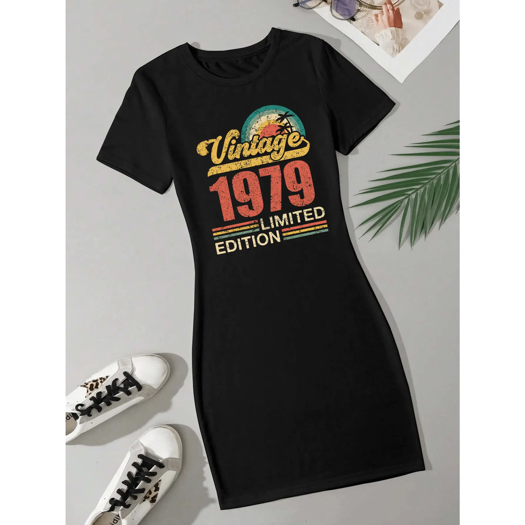 Women's Vintage 1979 Limited Edition Graphic T-Shirt Dress - Retro Rainbow Stripes & Bold Typography, Stretchy Medium Elasticity, Form-Fitting Casual Short Sleeve, Machine Washable All-Season Wear