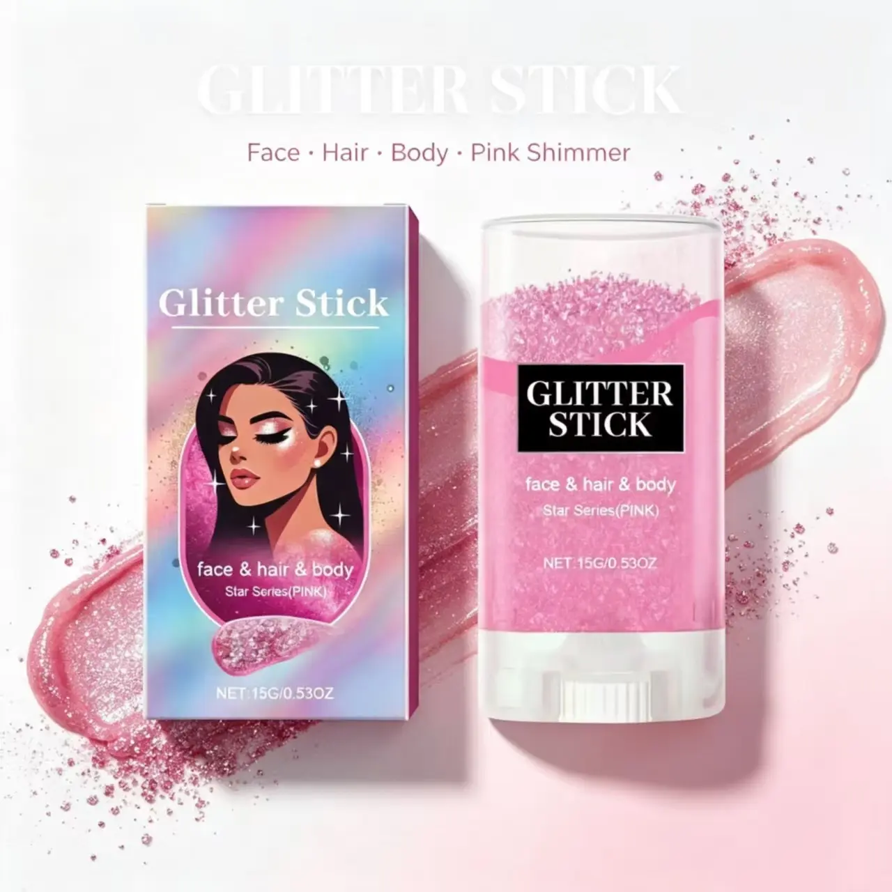Pink Glitter Shimmer Stick - Long-Lasting Face & Body Highlighter with Shimmer Finish, Sensitive Safe Sparkly Shine Cosmetic for Party, Prom
