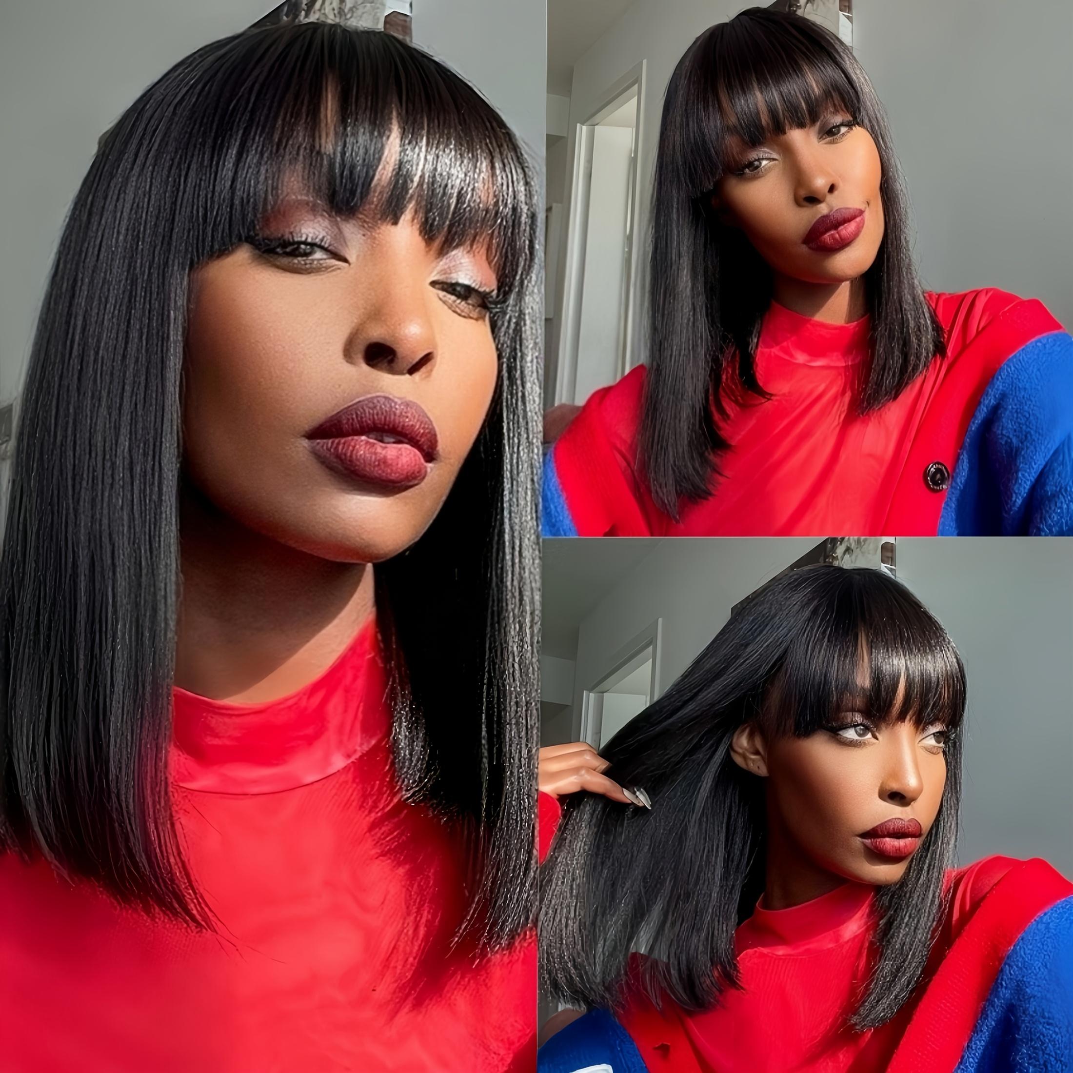 New Fashion  Human Hair Wig 180 Density Natural Clolor Straight BOB Wig with Bangs Full Machine Made for Women Pre Plucked 14A Grade Breathable Lace Natural Hairline Simple Wear Natural Look Brazilian Party Date Vacation Cosplay Halloween