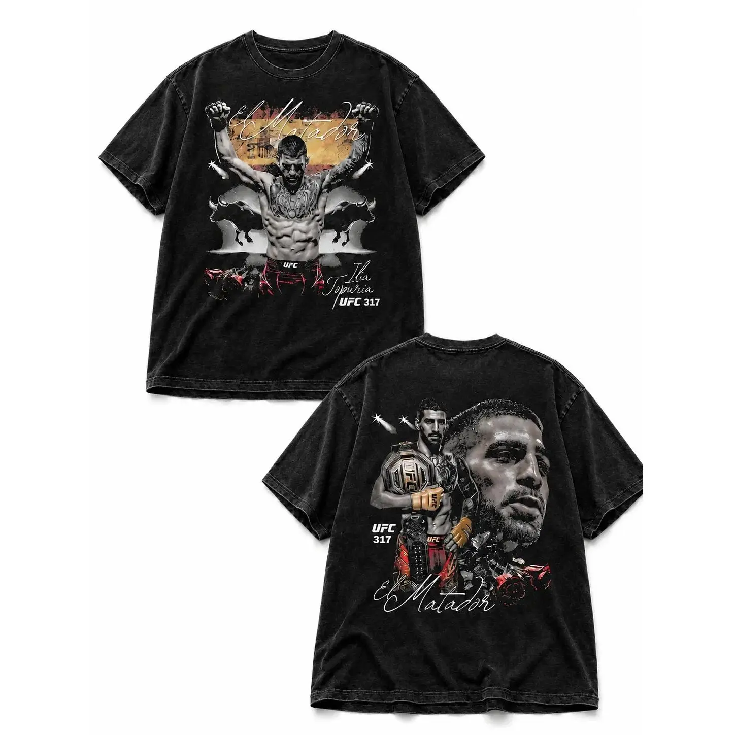 Men's Ilia Topuria El Matador UFC 317 Double-Sided Graphic Short-Sleeve Casual Loose Menswear T-Shirt, MMA Champion Fan Washed Tee, Shortsleeve