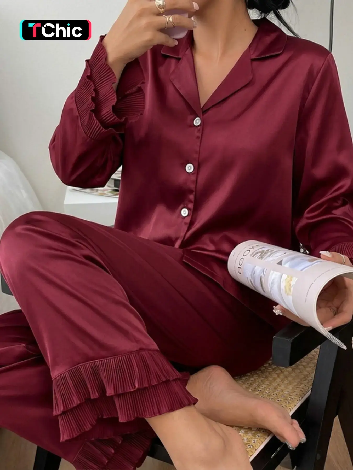 Silk-Like Collar Elegant Luxurious Open Cardigan Women's Pajamas, Solid Color Wide Sleeves Ruffled Comfortable Loungewear