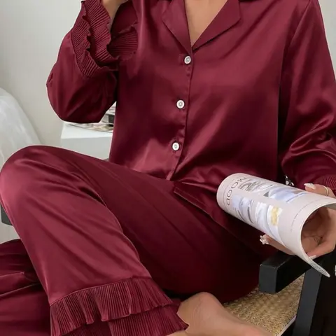 Silk-Like Collar Elegant Luxurious Open Cardigan Women's Pajamas, Solid Color Wide Sleeves Ruffled Comfortable Pajama Set