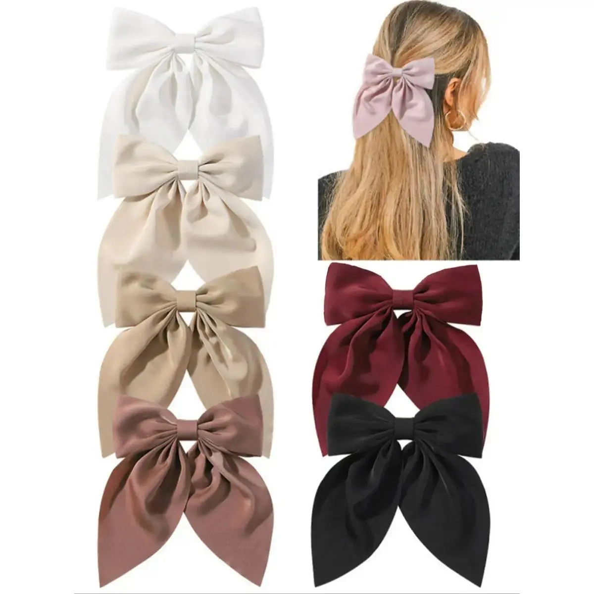 Bow Hair Clips for Women, 6-Pack Elegant Double-Faced Satin Bows in Oversized Pastel Styles with Secure Hold, All-Season Accessory, All Seasons, Plain, Fabric, Neat Hair, Cute, Large, Oversized Clips, Stainless Steel