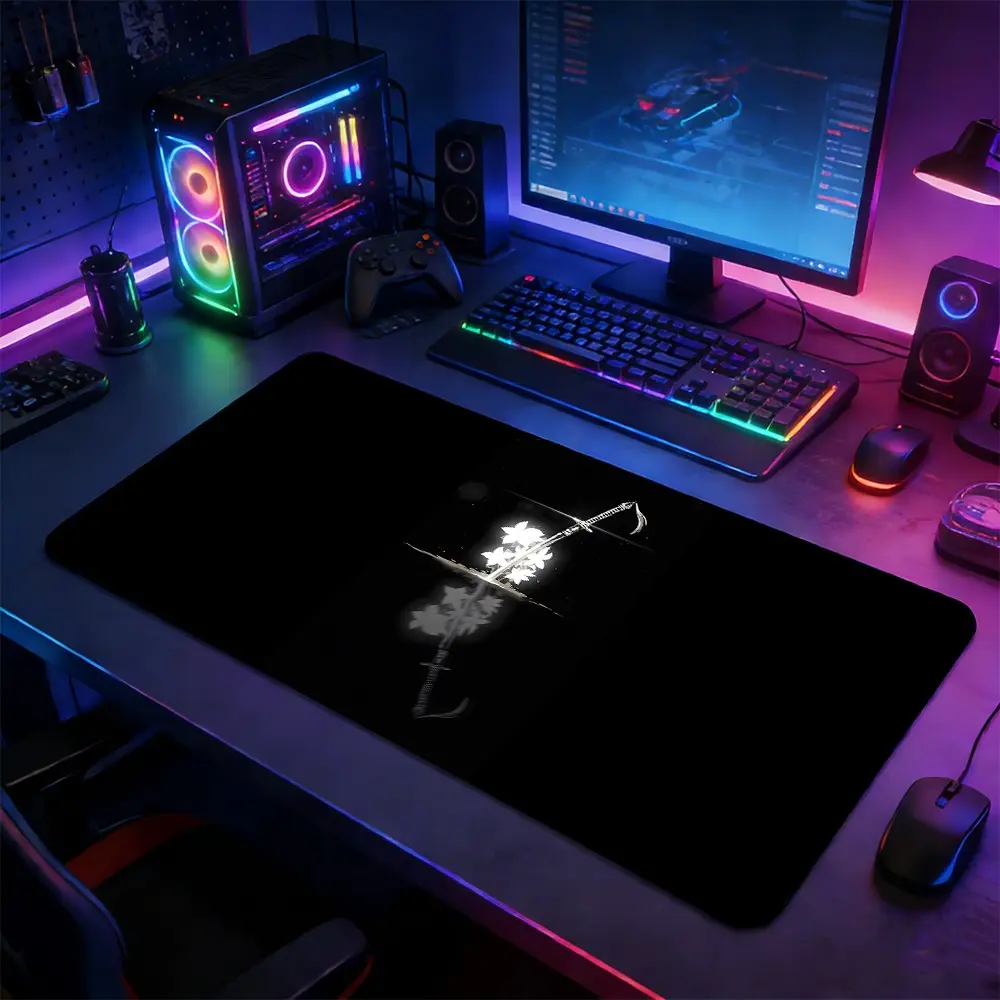 Sakura Katana Large Extended Gaming Mouse Pad, Non-Slip Rubber Base Stitched Lock Edge Desk Mat, Minimalist Japanese Samurai Art Design Desk Pad, Durable Computer Accessory for Home Office & Gaming Setup, Perfect Gift for Gamers & Anime Fans