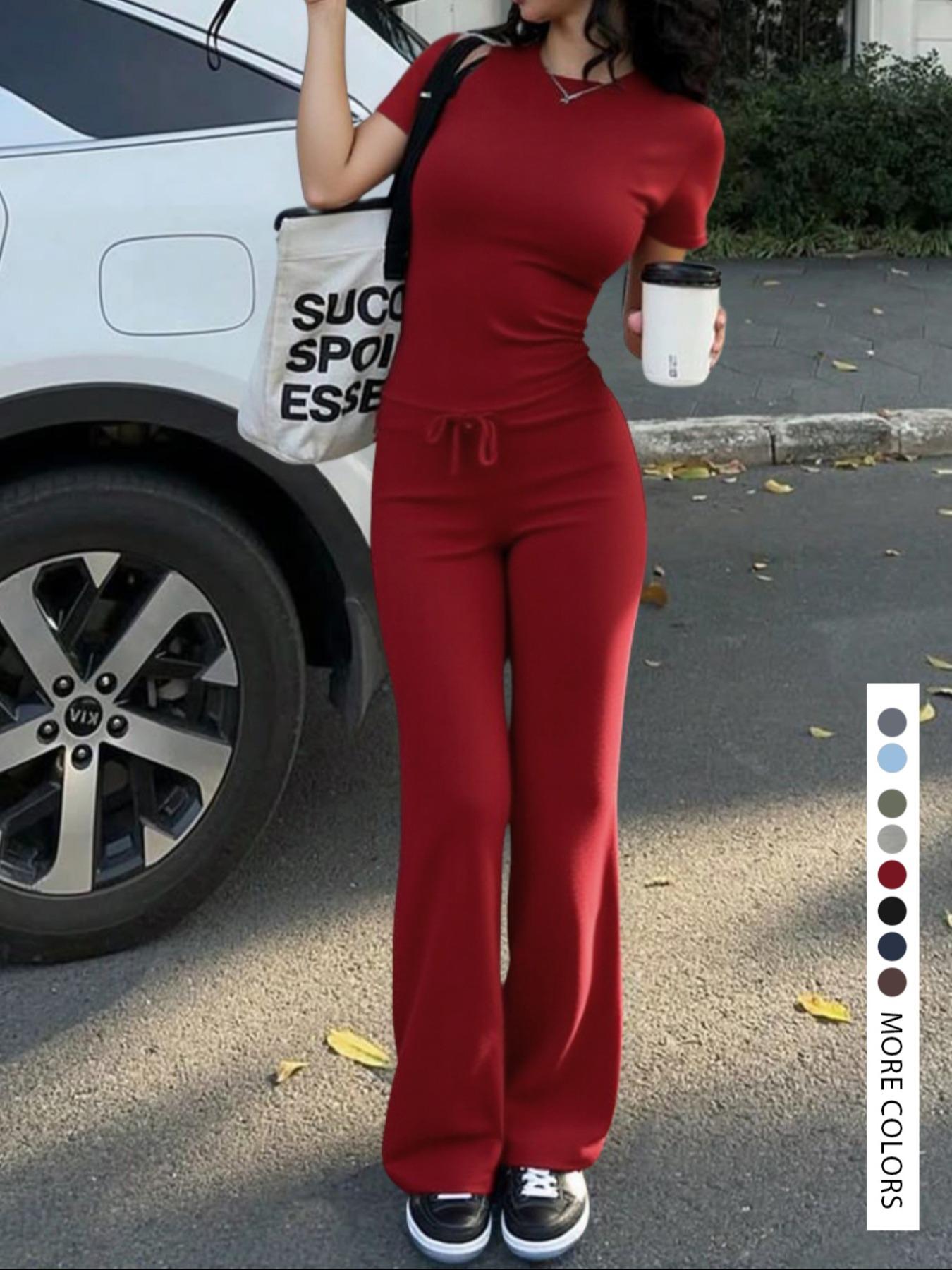 Women's Short Sleeve Top Long Pants Drawstring Casual Set, Fitted Knit Solid Color No Pocket Set, Elegant Style Summer