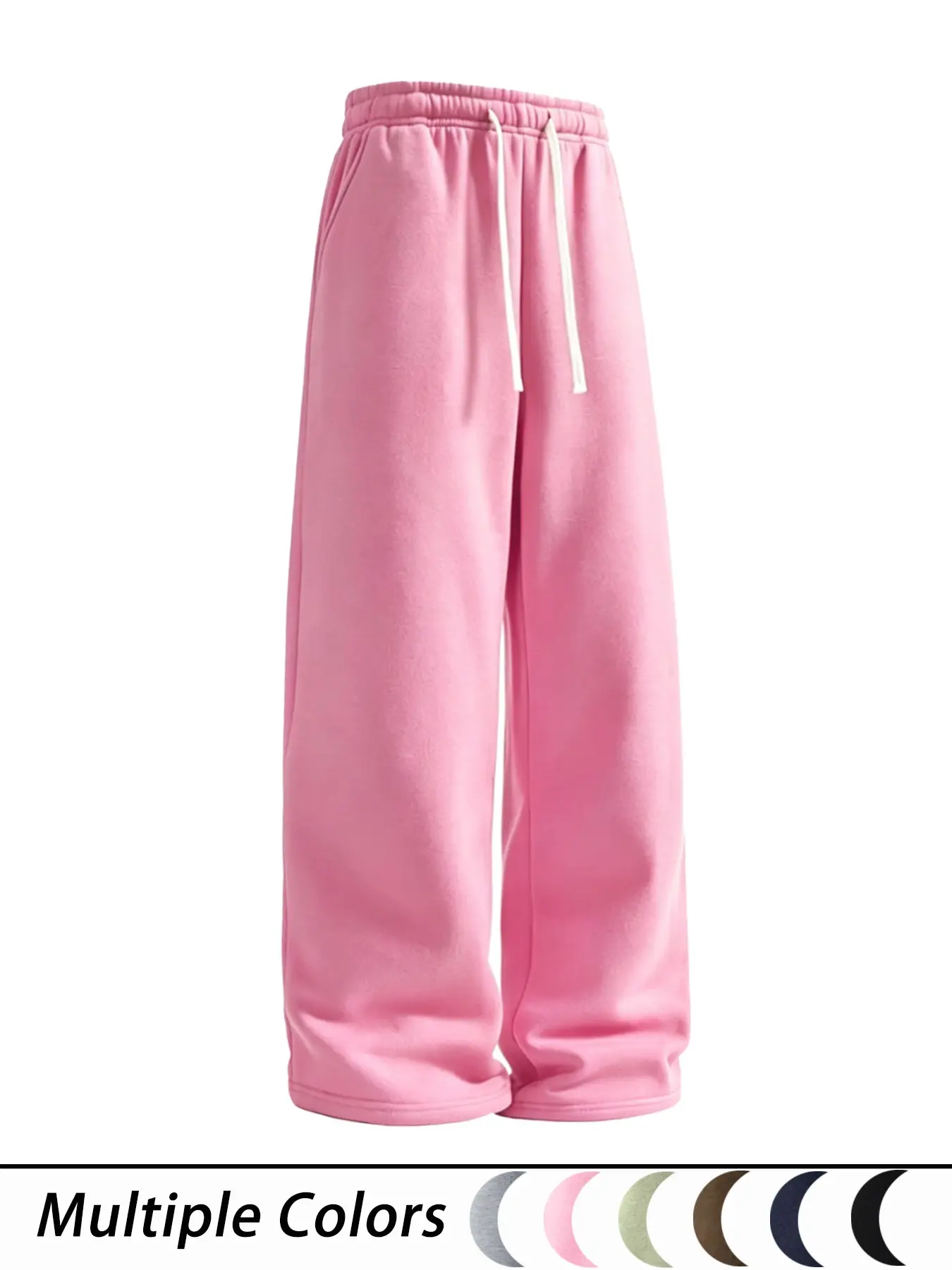 Unisex Casual Fleece-Lined Adjustable Drawstring Sweatpants, Casual Comfy Sporty, Drawstring Waist Straight Leg Sports Pants, Regular Fit, Plain Surface, Fall & Winter