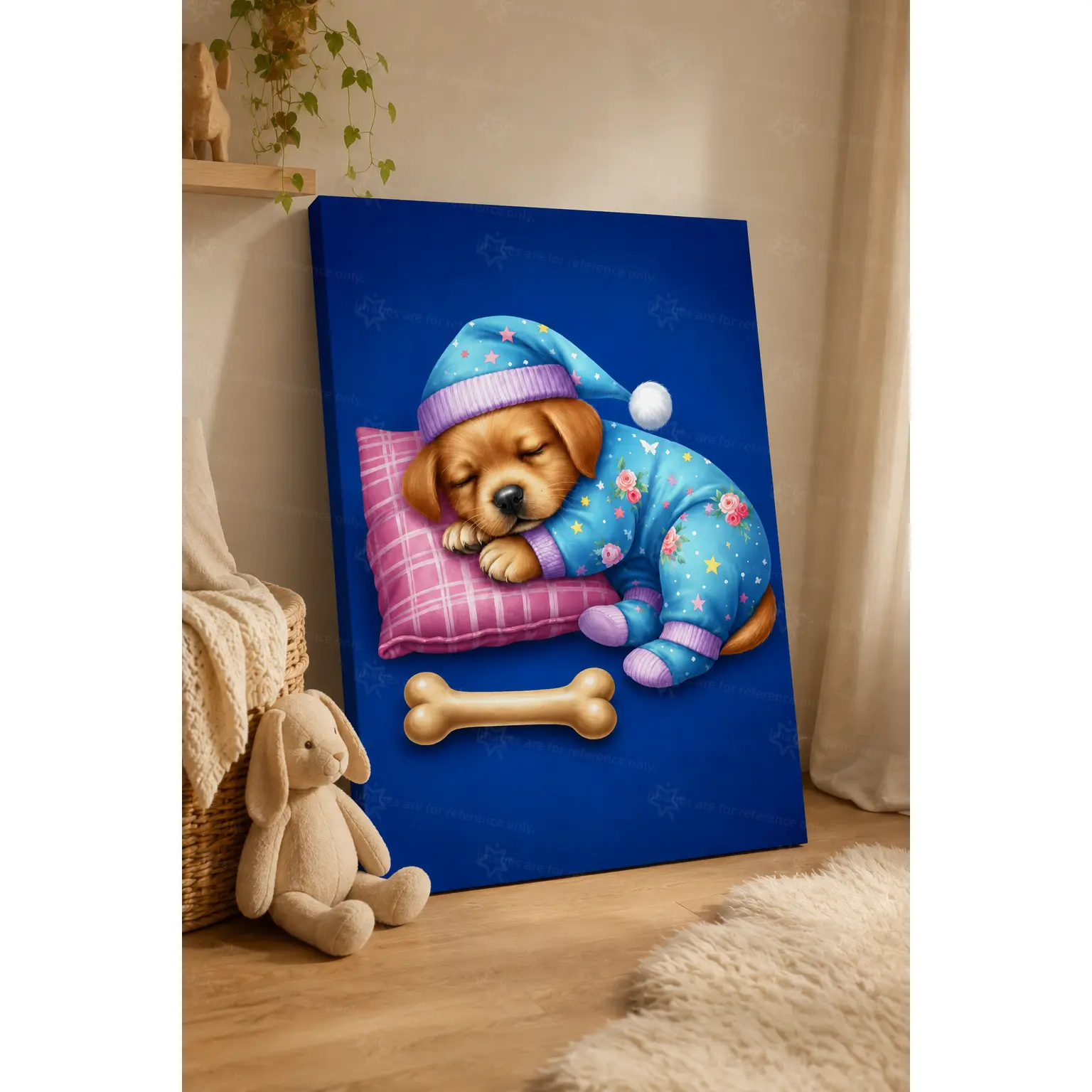 Sleeping Golden Puppy Floral Star Pajamas Bone Canvas Art poster wall decor, Sweet Nighttime Pet Wall Decor for Nursery Bedroom Kids Room Apartment, Available as Unframed Canvas Poster or Framed Canvas Wrap