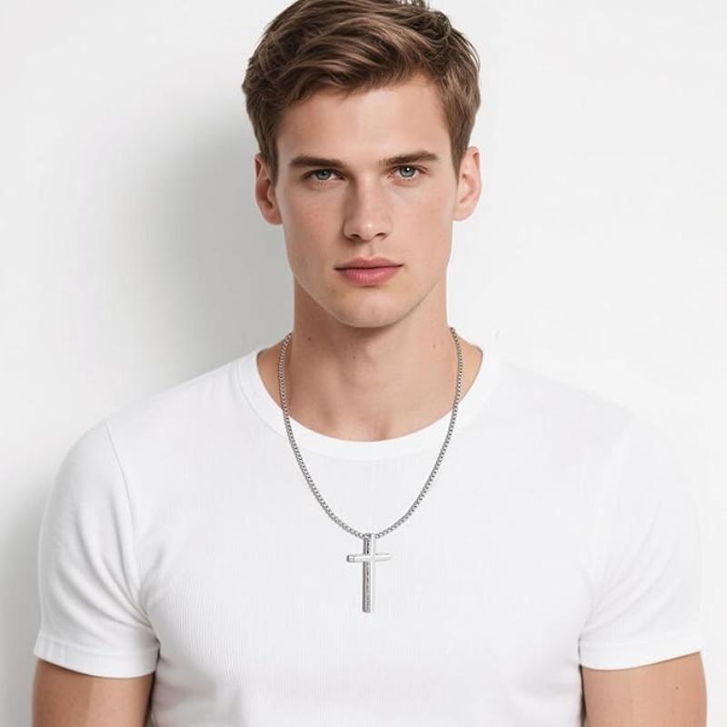 Cross Necklace for Men , Mens Necklace Waterproof Cross Pendant, Silver Chain Confirmation Gift for Him, Christian Catholic, Philippians 4:13 Christian Cross Stainless Steel Necklaces for Men I Can Do All Things