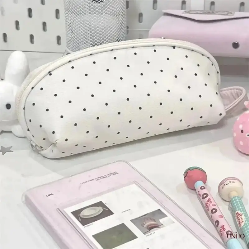 Cute Polka Dot Large‑Capacity Canvas Pencil Case, Double‑Layer Multi‑Compartment Aesthetic Stationery Organizer, Zipper Pouch For Back‑To‑School Office Use