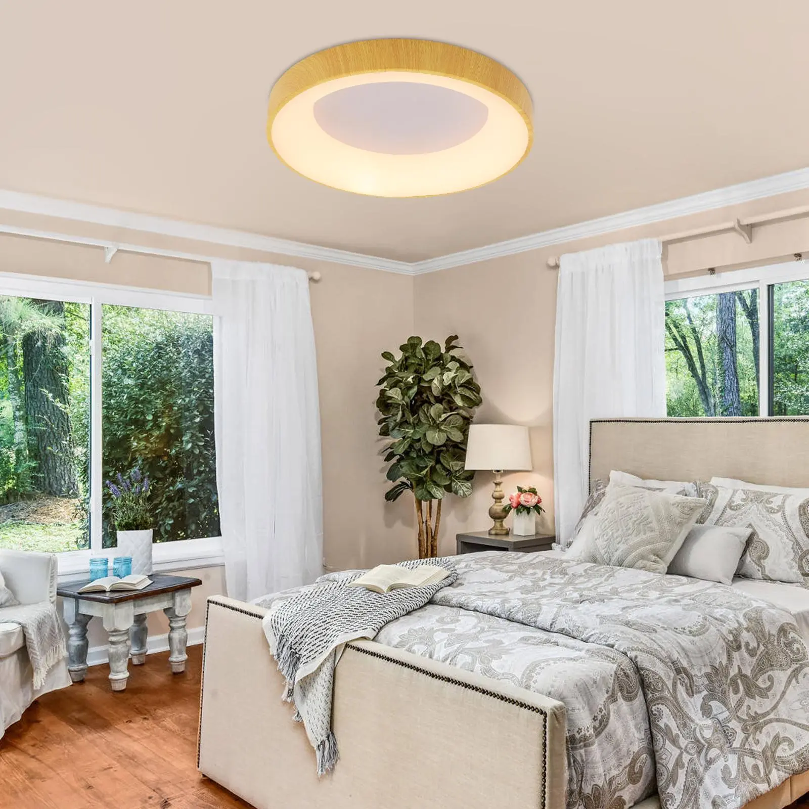 Modern Flush Mount 3-Light Wood Ceiling Light Fixture, Farmhouse Round Ceiling Lamp for Bedroom Hallway Kitchen Laundry Room