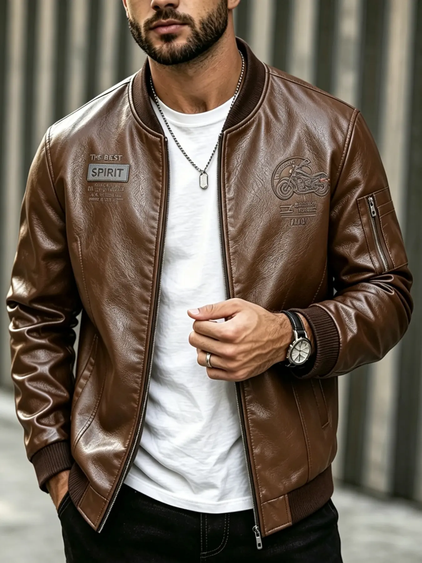 Men's Vintage Motorcycle Rider Jacket, Embroidered Zipper Baseball Streetwear Flight Coat, Casual Outdoor Fashion Outerwear